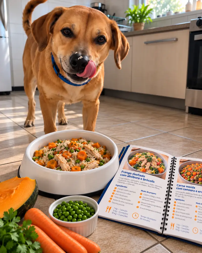Cachorro caramelo lambendo o focinho ao lado de uma tigela de comida caseira e do livro de receitas aberto